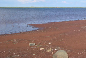 The path winds along the red sand beach