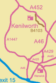 Map of roads for Kenilworth and Warwick Castles