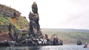 Monk rock with tiny paddlers on the right