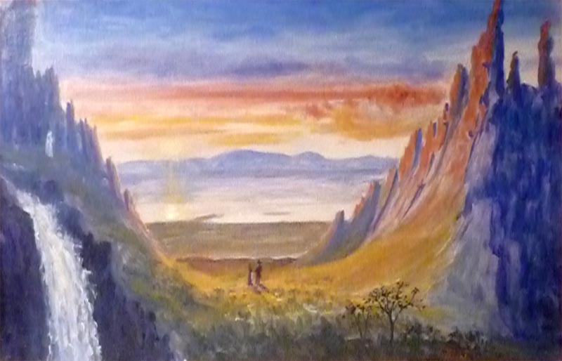 A painting of a couple in an Icelandic landscape.