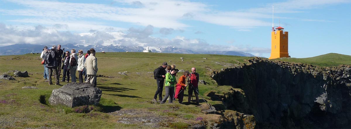 Gathering at the top of the cliff to view birds though the scope.