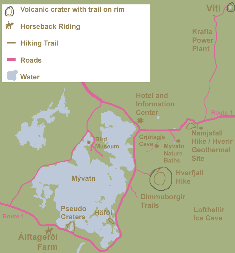 map of Mývatn area with sites we visited