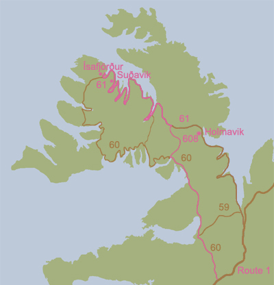 Map of Route 1 from Ísafjörður to Route 1 in the Westfjords