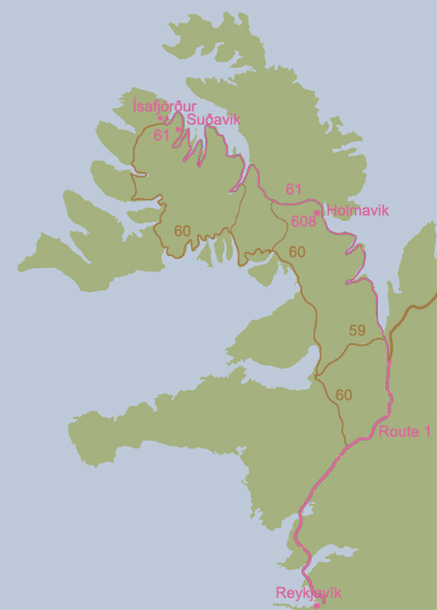 Map of Route 1 from Reykjavik to Ísafjörður in the Westfjords