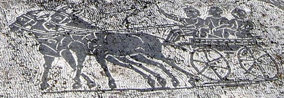 Horse or donkey drawn cart with men on mosaic floor