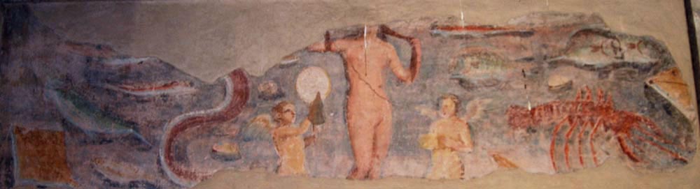 scene with ocean creatures, part of a woman, and two other beings on either side