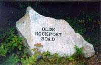 Olde Rockport Road carved into a rock. This sign lies near a road on the other side of the woods