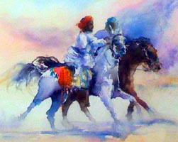 Desert riders in a watercolor by Patricia Al Fakhri