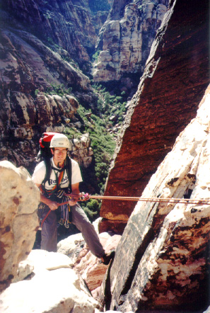 Bill rappelling to the 'first rappel' station from the top of The Cookie Monster